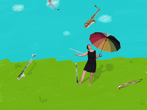 Karin mit Regenschirm und fliegenden Instrumenten